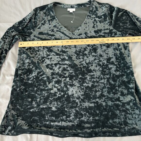 J. Jill Sz L Crushed Velvet Blouse V-Neck Shirred Back Long Sleeve Green Holiday - Picture 5 of 7